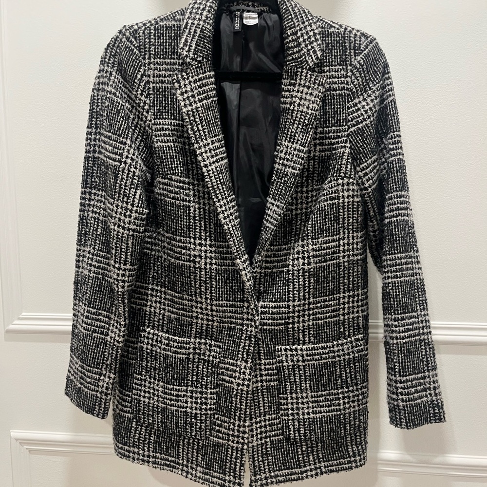 H&M Black and White Checkered Tweed Blazer